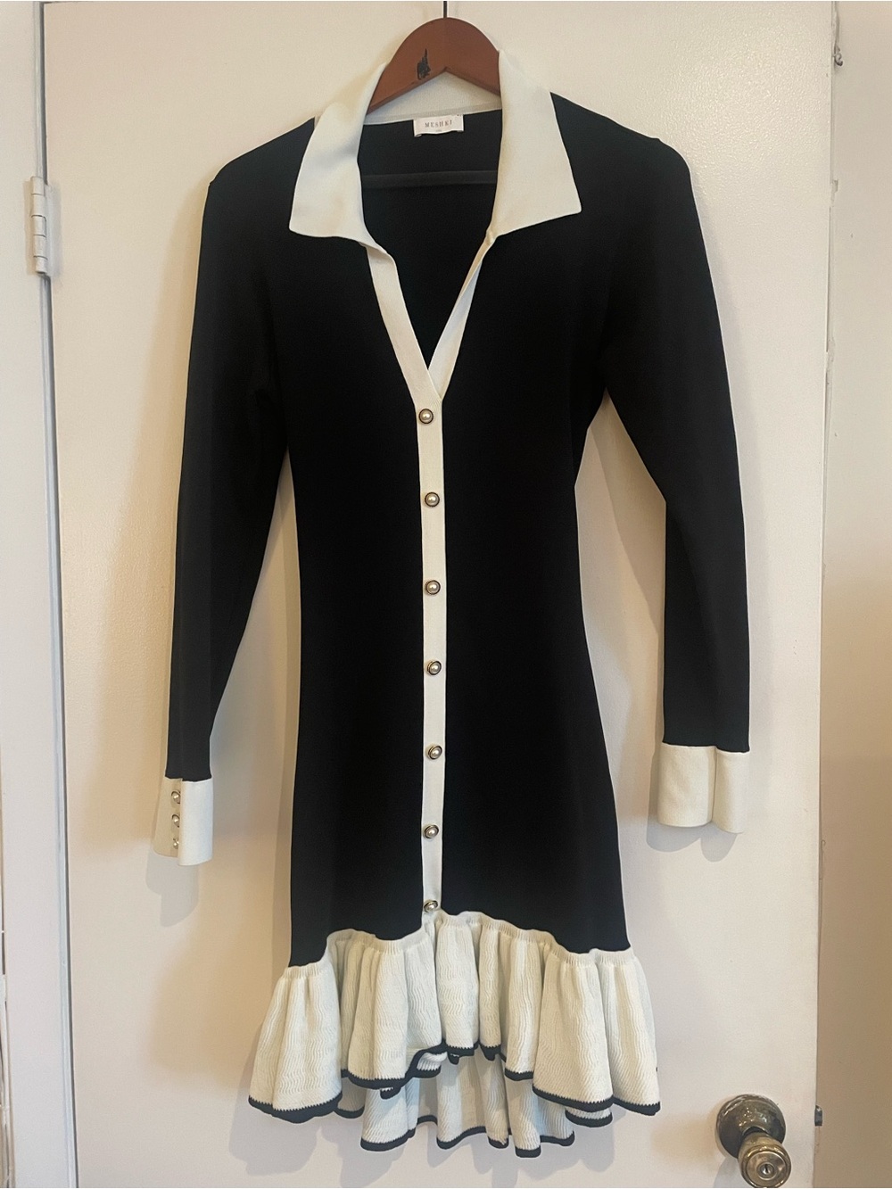 Meshki Black and Cream Long Sleeve Button-Front Ruffle Hem Dress